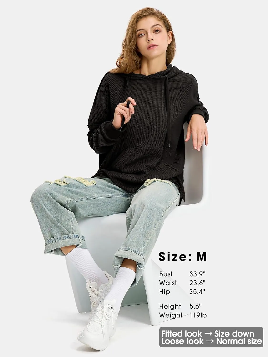 EXLURA Womens Oversized Waffle Hoodies Drawstring Lightweight Plus Size Pullover Sweatshirt with Pocket 2024 Trendy Outfits