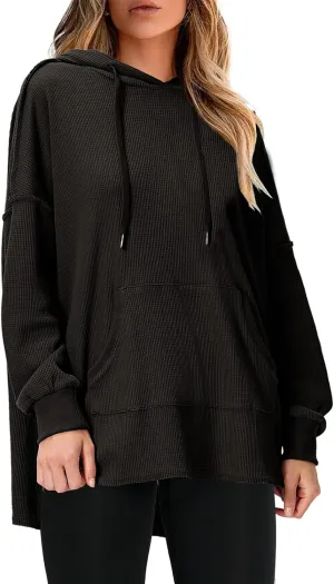 EXLURA Womens Oversized Waffle Hoodies Drawstring Lightweight Plus Size Pullover Sweatshirt with Pocket 2024 Trendy Outfits