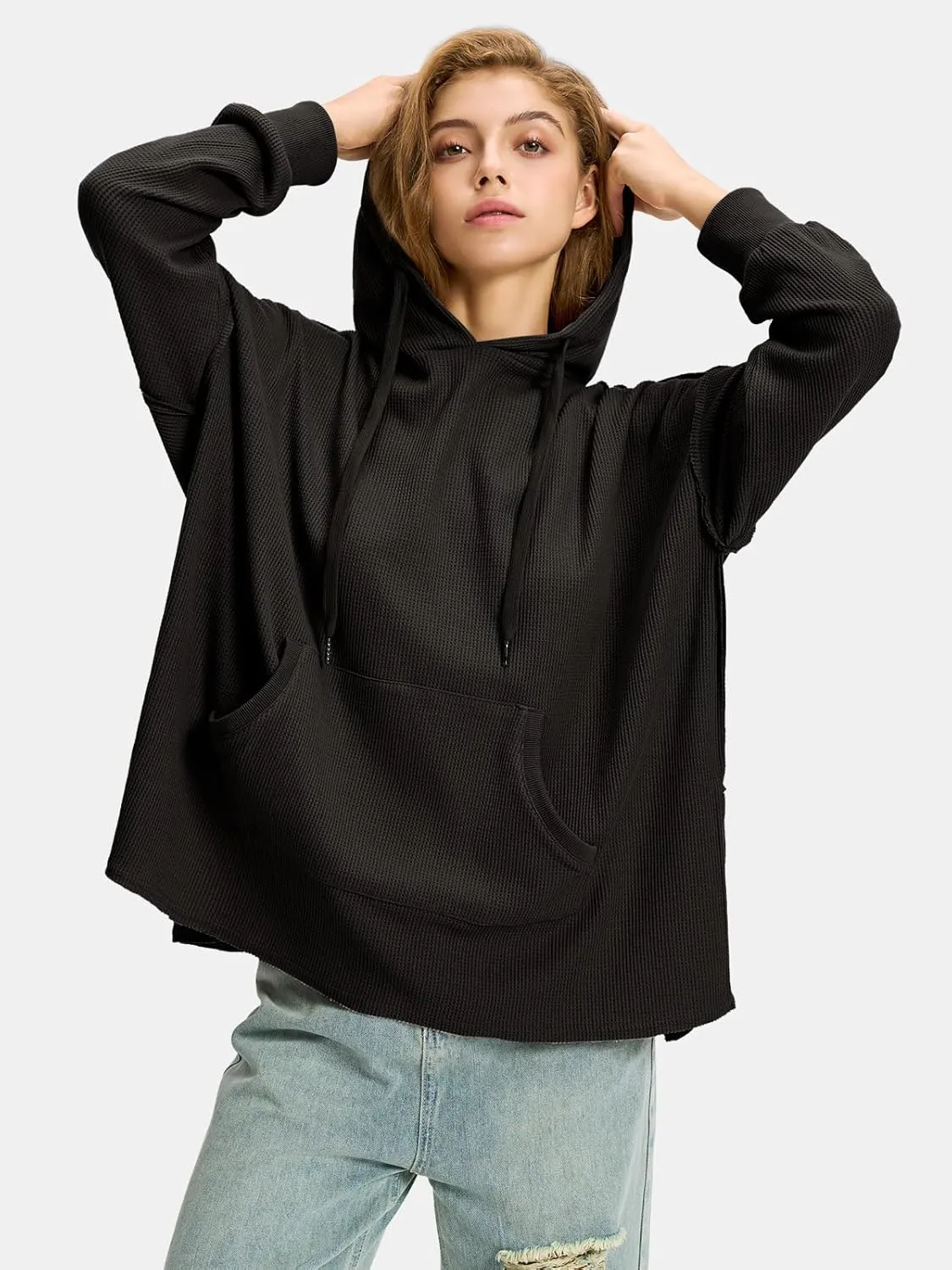 EXLURA Womens Oversized Waffle Hoodies Drawstring Lightweight Plus Size Pullover Sweatshirt with Pocket 2024 Trendy Outfits