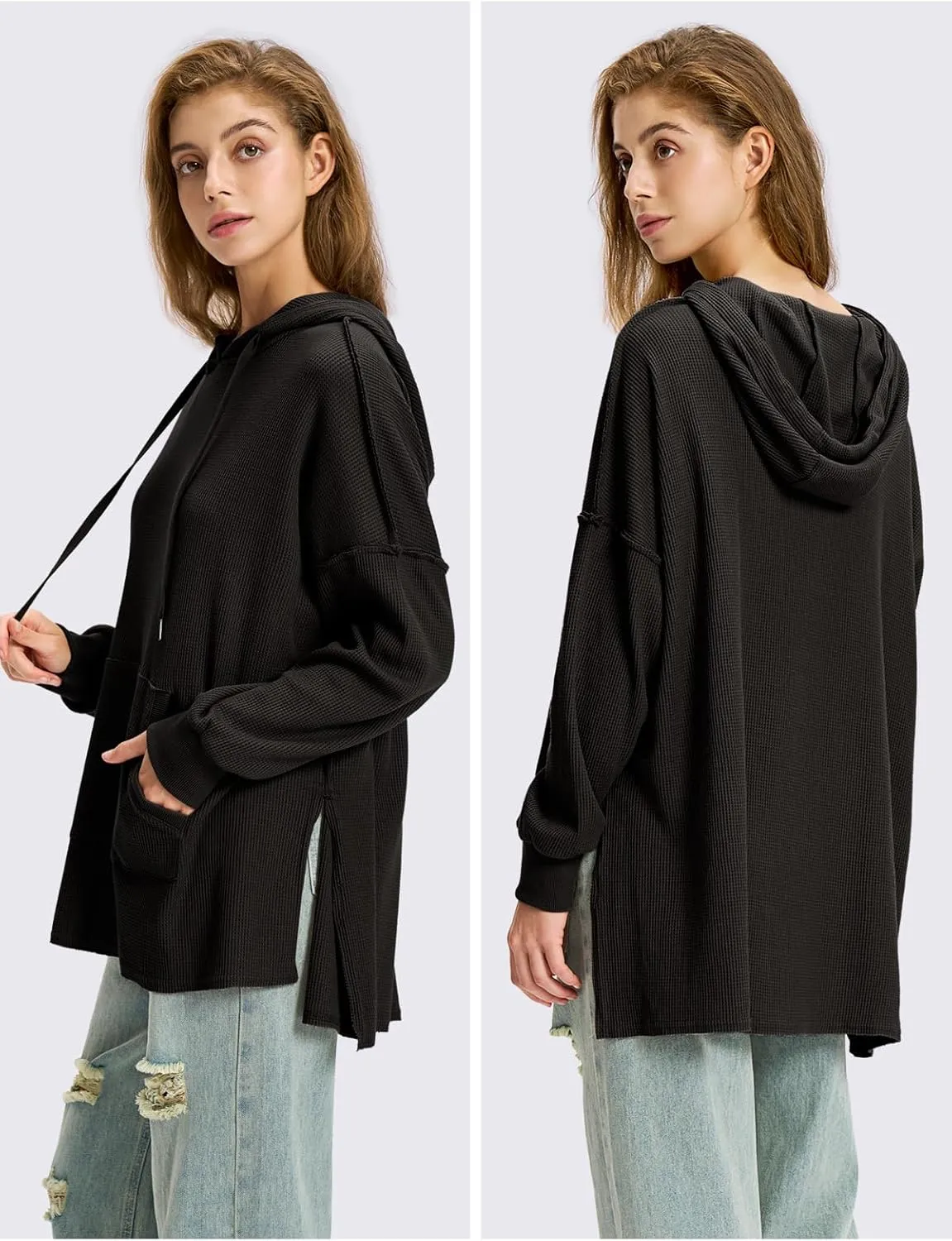 EXLURA Womens Oversized Waffle Hoodies Drawstring Lightweight Plus Size Pullover Sweatshirt with Pocket 2024 Trendy Outfits