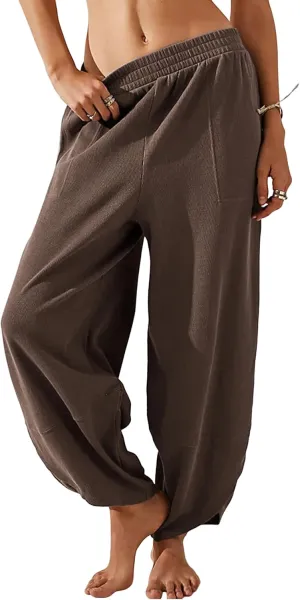 Faleave Women's Baggy Wide Leg Pants Elastic Waisted Casual Comfy Palazzo Harem Pants with Pockets