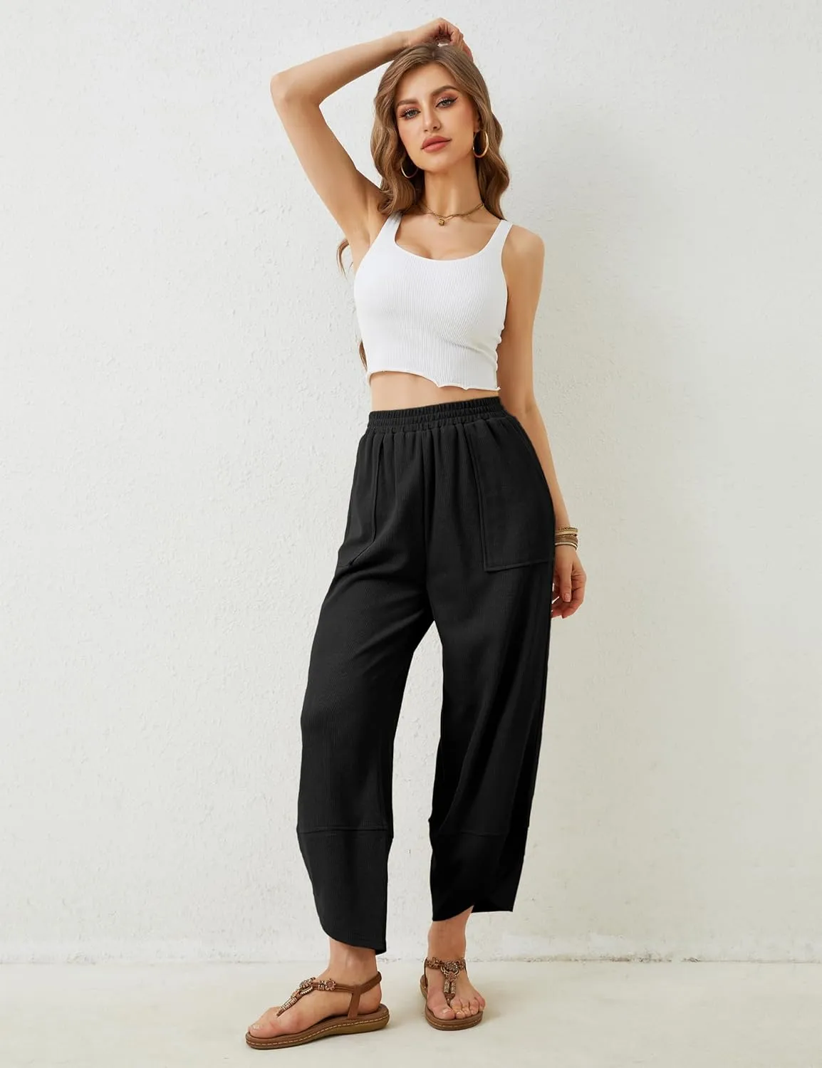 Faleave Women's Baggy Wide Leg Pants Elastic Waisted Casual Comfy Palazzo Harem Pants with Pockets