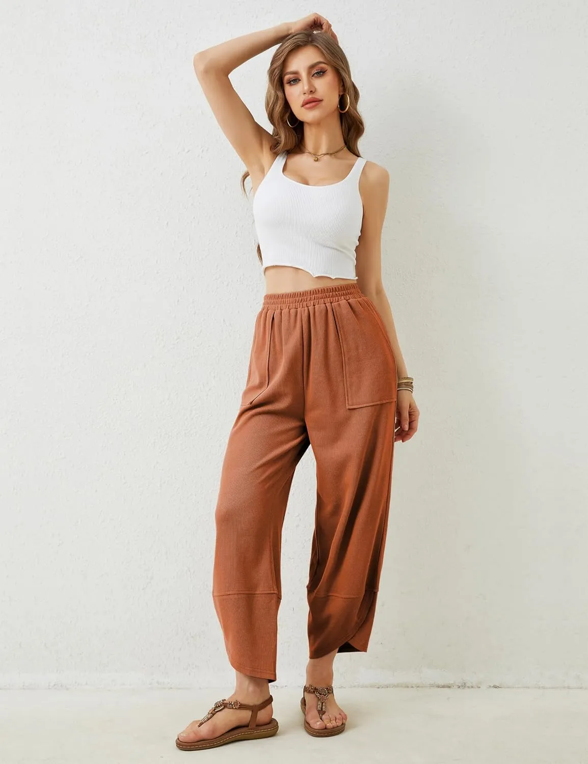 Faleave Women's Baggy Wide Leg Pants Elastic Waisted Casual Comfy Palazzo Harem Pants with Pockets