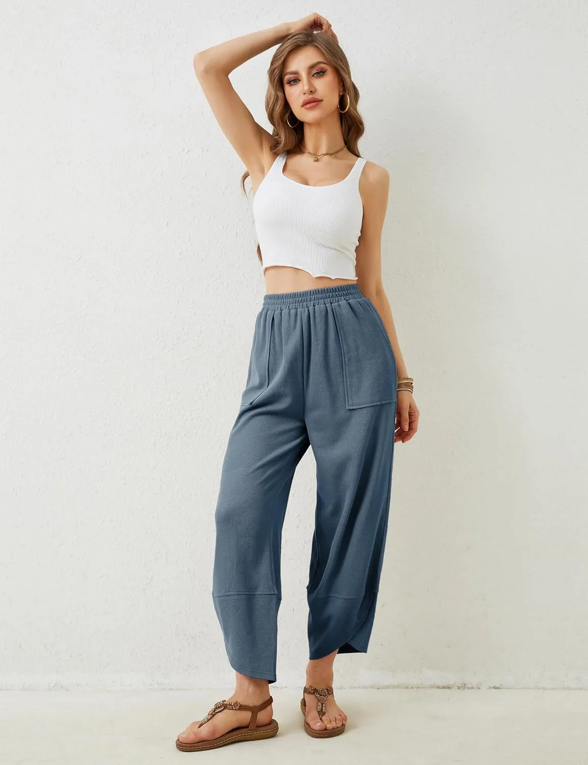 Faleave Women's Baggy Wide Leg Pants Elastic Waisted Casual Comfy Palazzo Harem Pants with Pockets