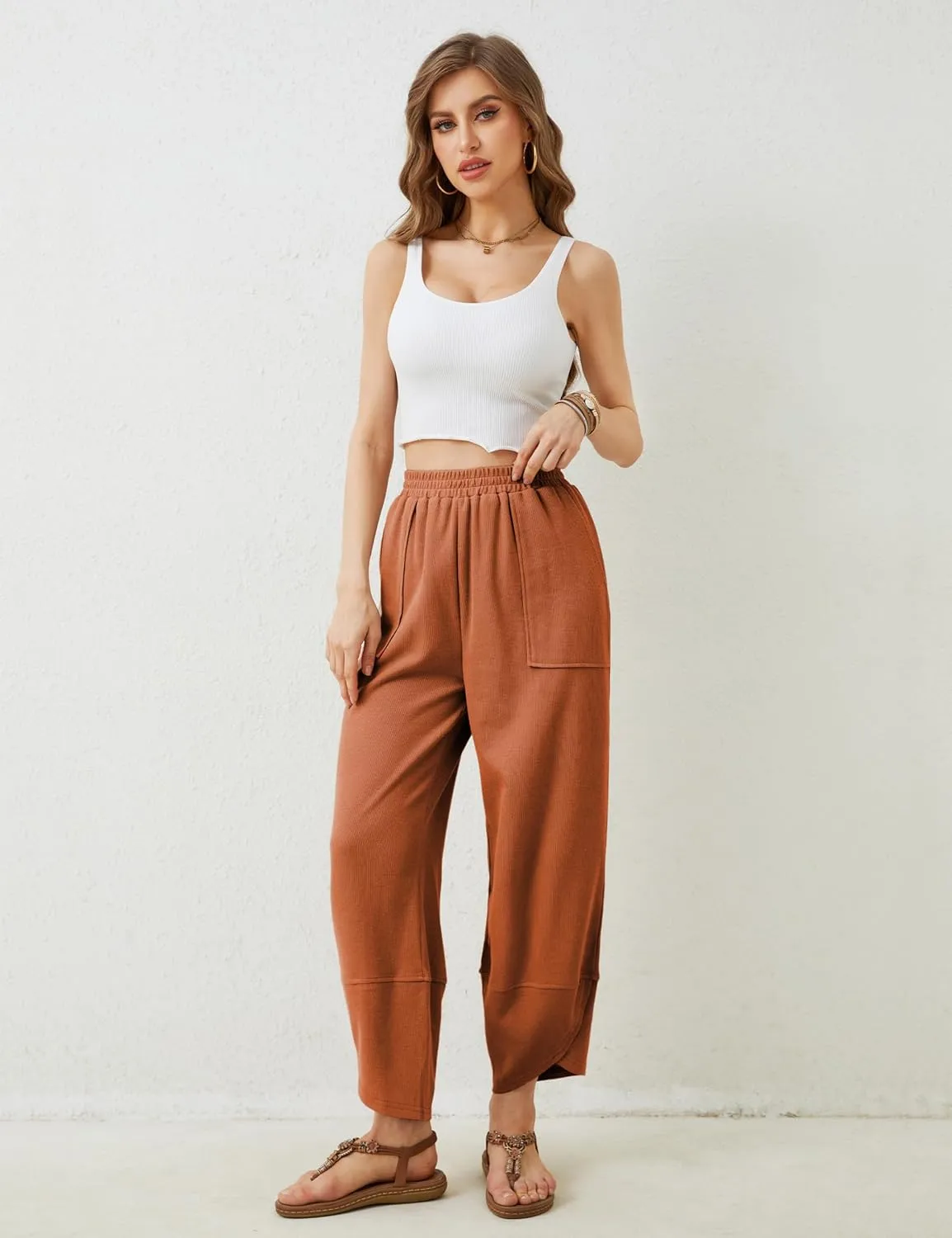 Faleave Women's Baggy Wide Leg Pants Elastic Waisted Casual Comfy Palazzo Harem Pants with Pockets