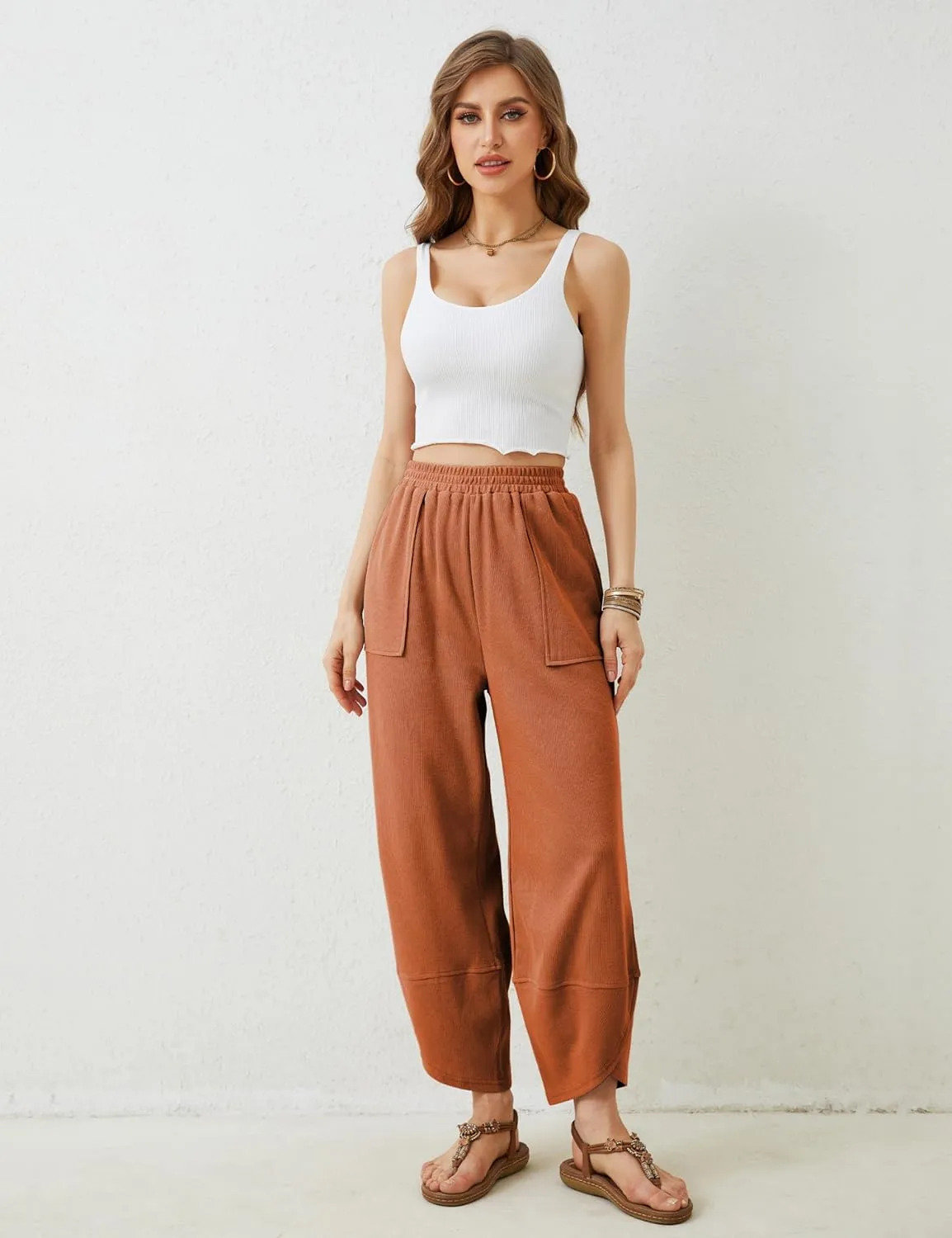 Faleave Women's Baggy Wide Leg Pants Elastic Waisted Casual Comfy Palazzo Harem Pants with Pockets