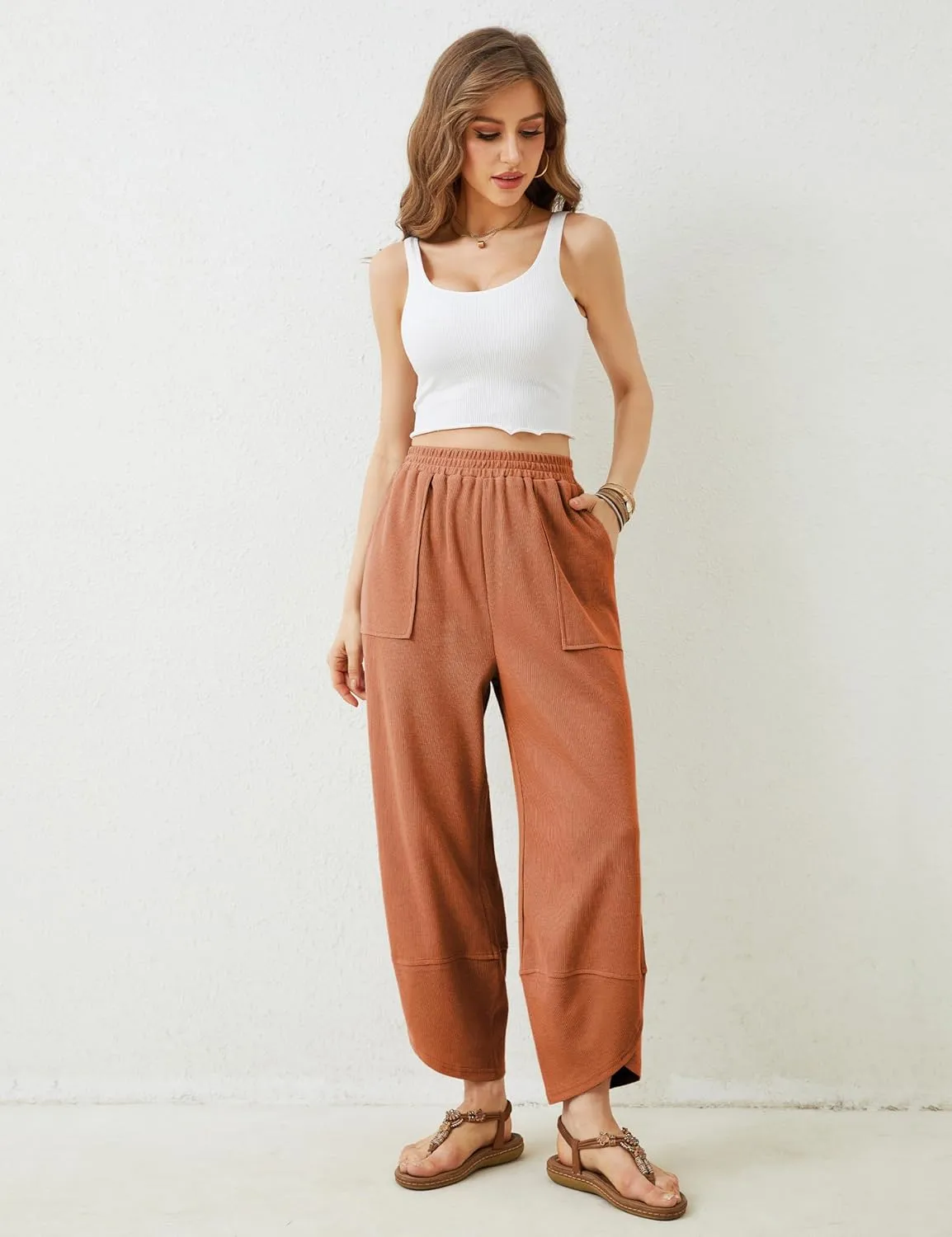 Faleave Women's Baggy Wide Leg Pants Elastic Waisted Casual Comfy Palazzo Harem Pants with Pockets