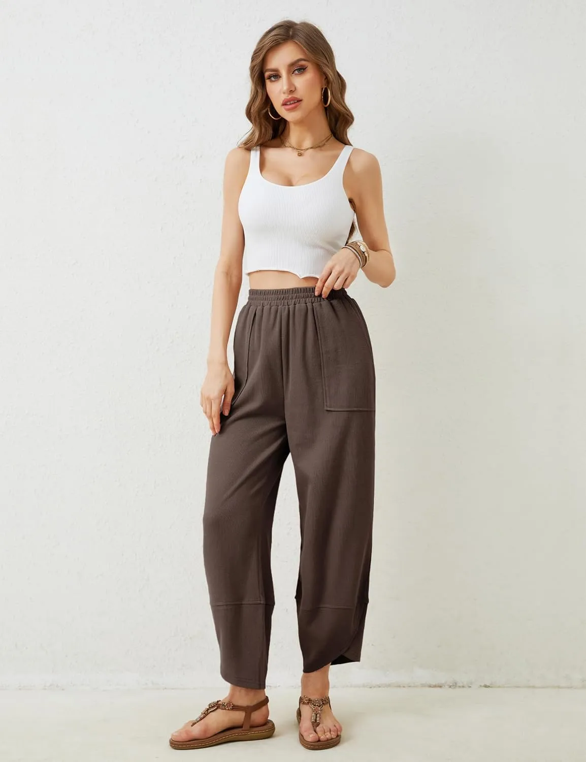 Faleave Women's Baggy Wide Leg Pants Elastic Waisted Casual Comfy Palazzo Harem Pants with Pockets