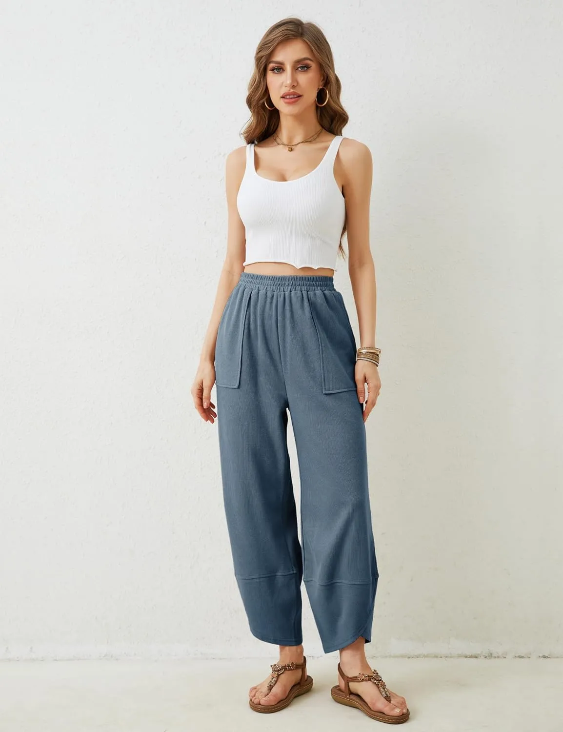 Faleave Women's Baggy Wide Leg Pants Elastic Waisted Casual Comfy Palazzo Harem Pants with Pockets