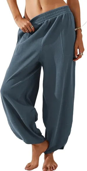 Faleave Women's Baggy Wide Leg Pants Elastic Waisted Casual Comfy Palazzo Harem Pants with Pockets