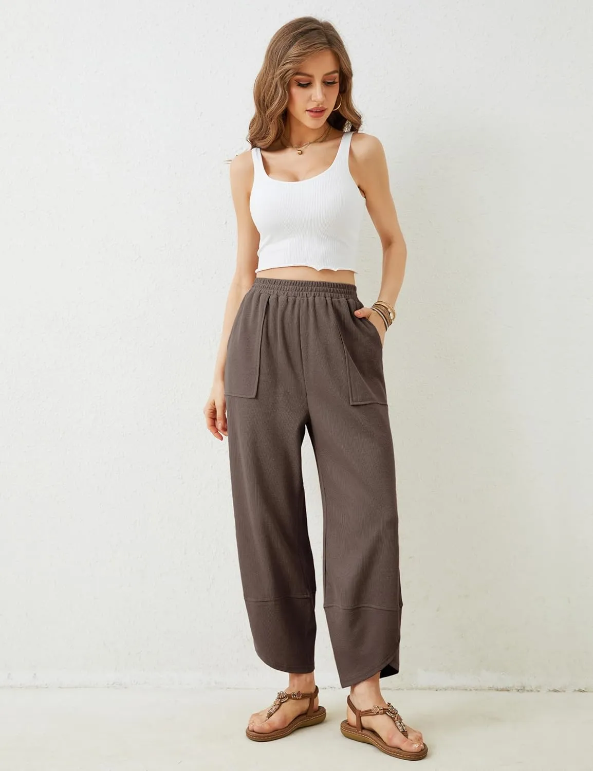 Faleave Women's Baggy Wide Leg Pants Elastic Waisted Casual Comfy Palazzo Harem Pants with Pockets