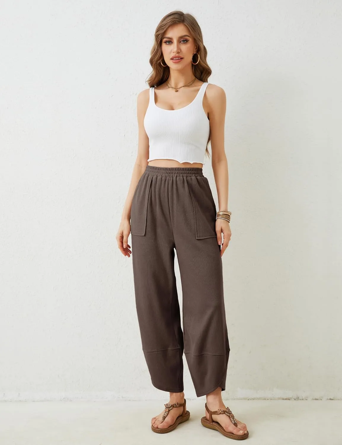 Faleave Women's Baggy Wide Leg Pants Elastic Waisted Casual Comfy Palazzo Harem Pants with Pockets