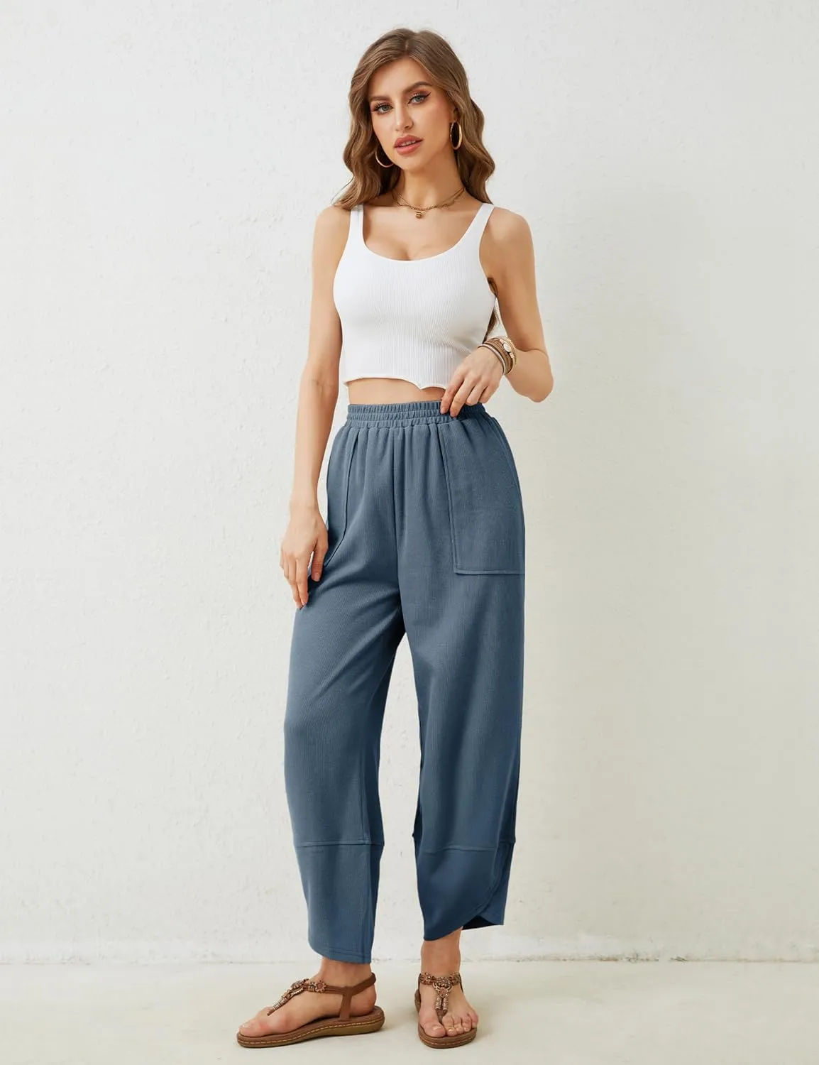 Faleave Women's Baggy Wide Leg Pants Elastic Waisted Casual Comfy Palazzo Harem Pants with Pockets