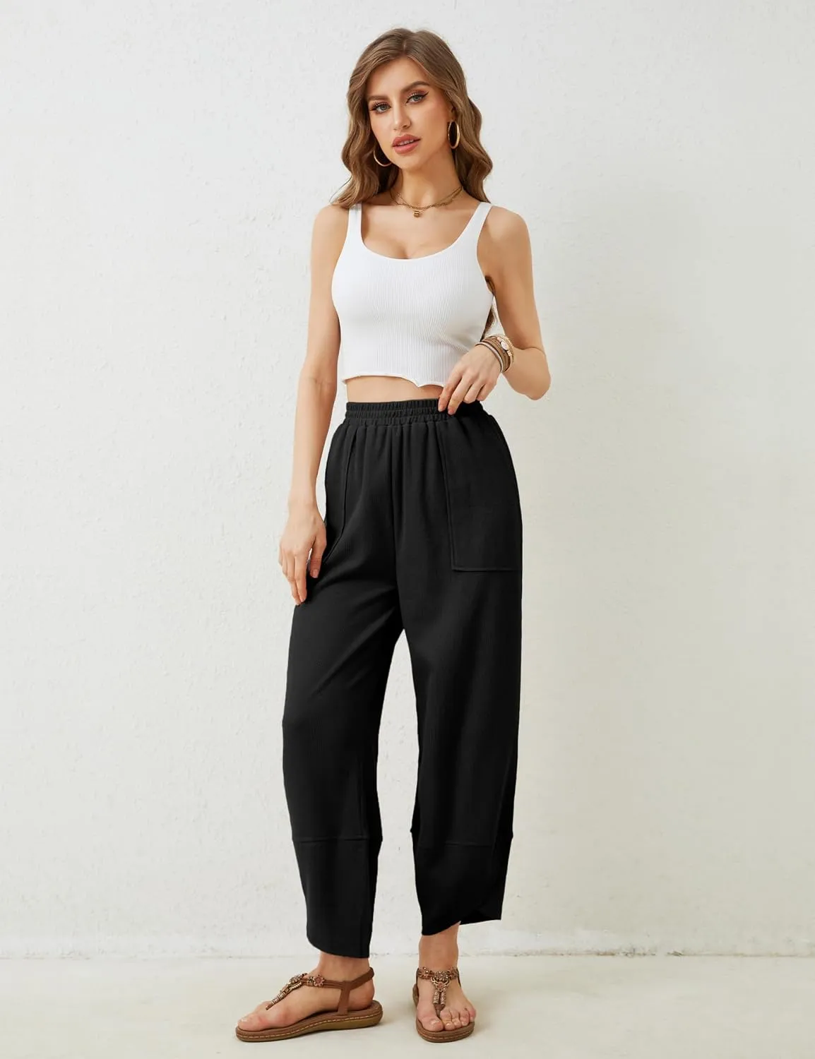 Faleave Women's Baggy Wide Leg Pants Elastic Waisted Casual Comfy Palazzo Harem Pants with Pockets