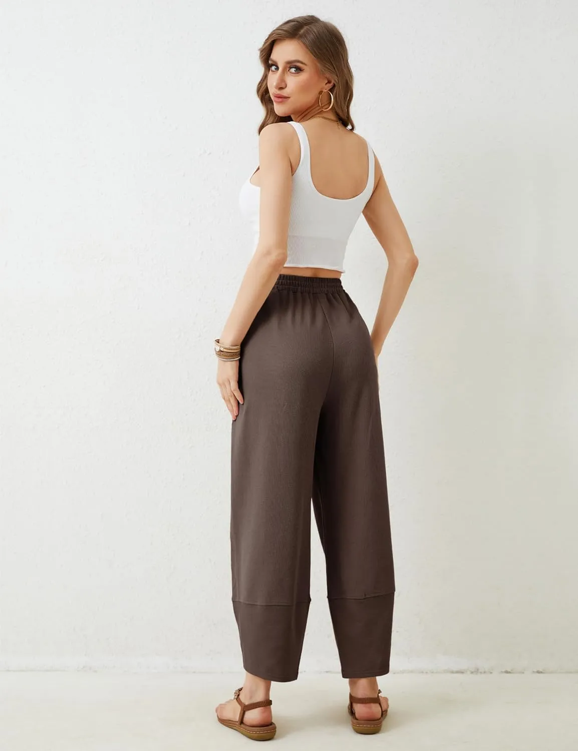 Faleave Women's Baggy Wide Leg Pants Elastic Waisted Casual Comfy Palazzo Harem Pants with Pockets