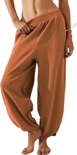 Faleave Women's Baggy Wide Leg Pants Elastic Waisted Casual Comfy Palazzo Harem Pants with Pockets
