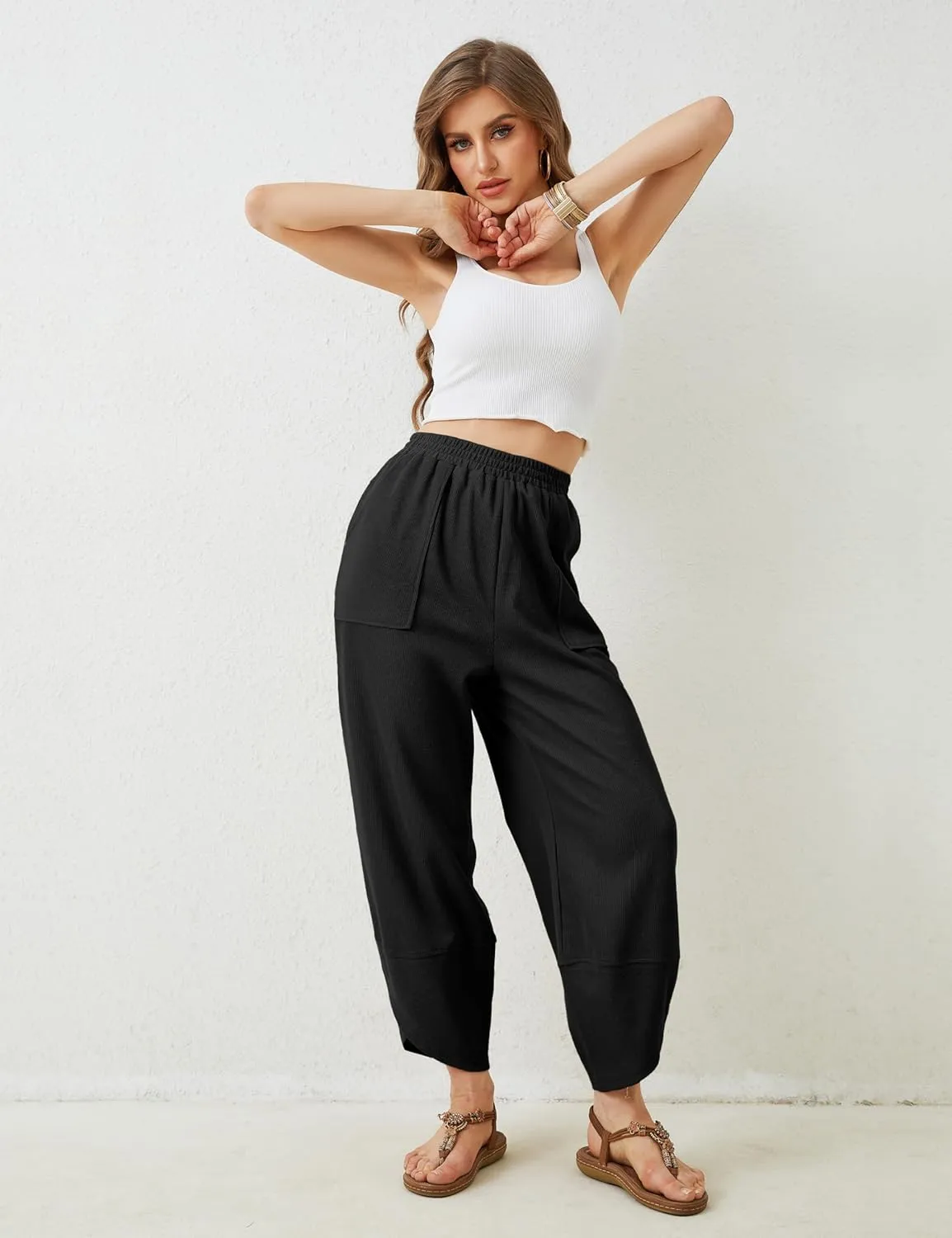 Faleave Women's Baggy Wide Leg Pants Elastic Waisted Casual Comfy Palazzo Harem Pants with Pockets
