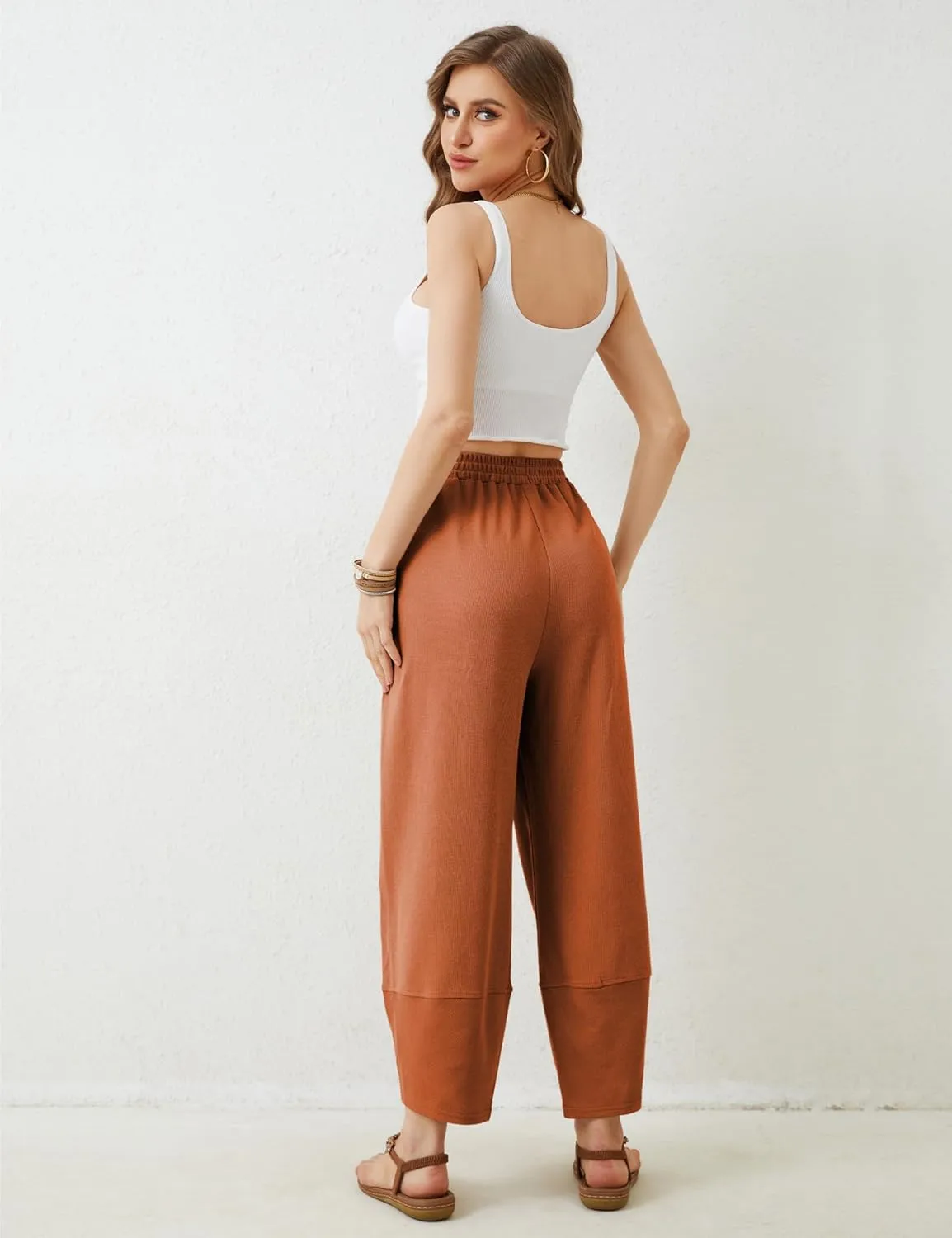 Faleave Women's Baggy Wide Leg Pants Elastic Waisted Casual Comfy Palazzo Harem Pants with Pockets