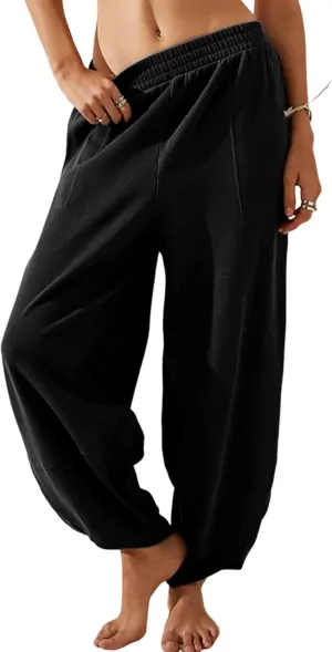 Faleave Women's Baggy Wide Leg Pants Elastic Waisted Casual Comfy Palazzo Harem Pants with Pockets