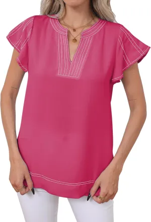 Famulily Womens Cute Flutter Cap Sleeve Notched V Neck Blouse Top Contrast Color Stitched Line Side Split Hem Tee Shirt