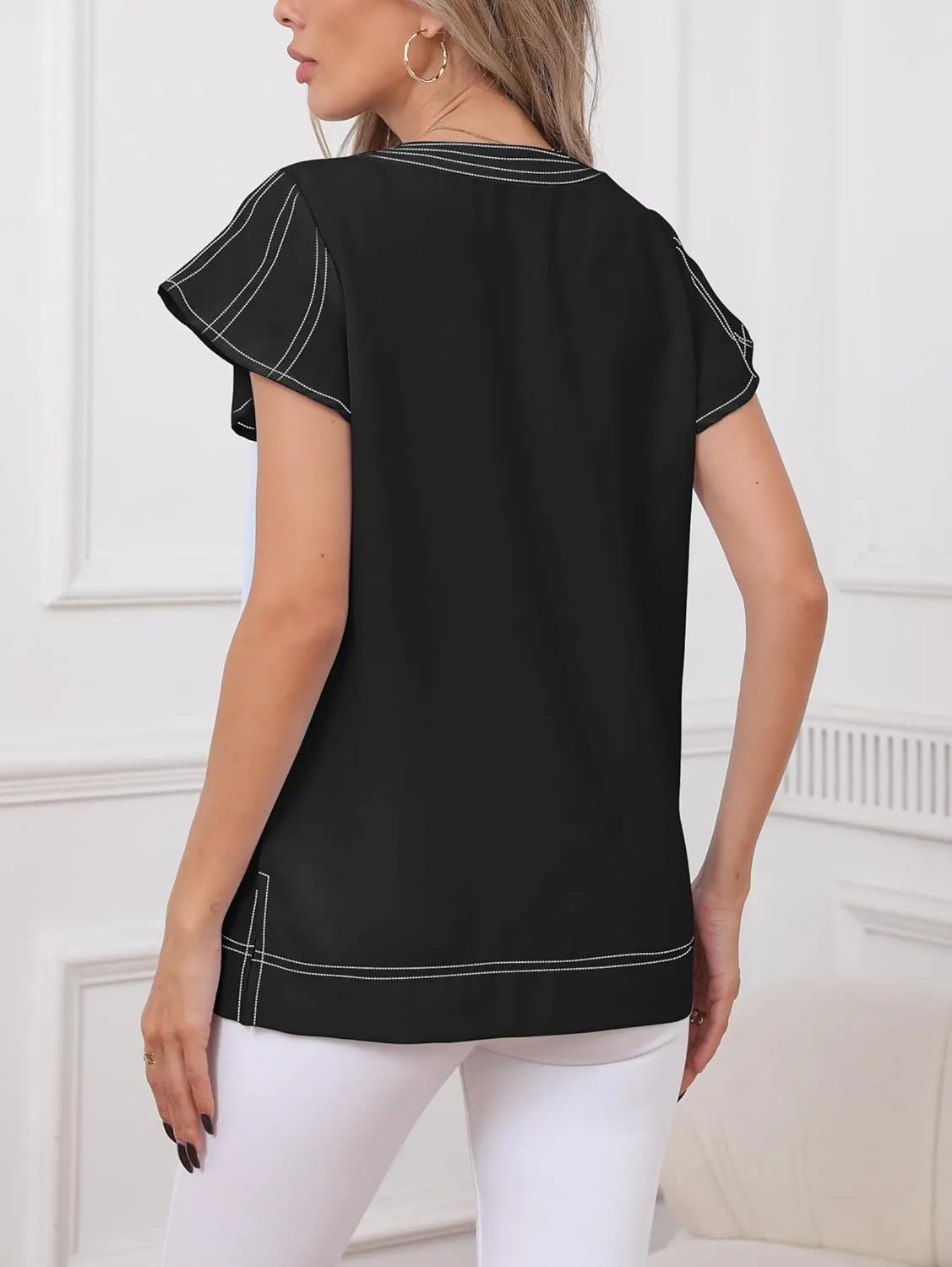Famulily Womens Cute Flutter Cap Sleeve Notched V Neck Blouse Top Contrast Color Stitched Line Side Split Hem Tee Shirt