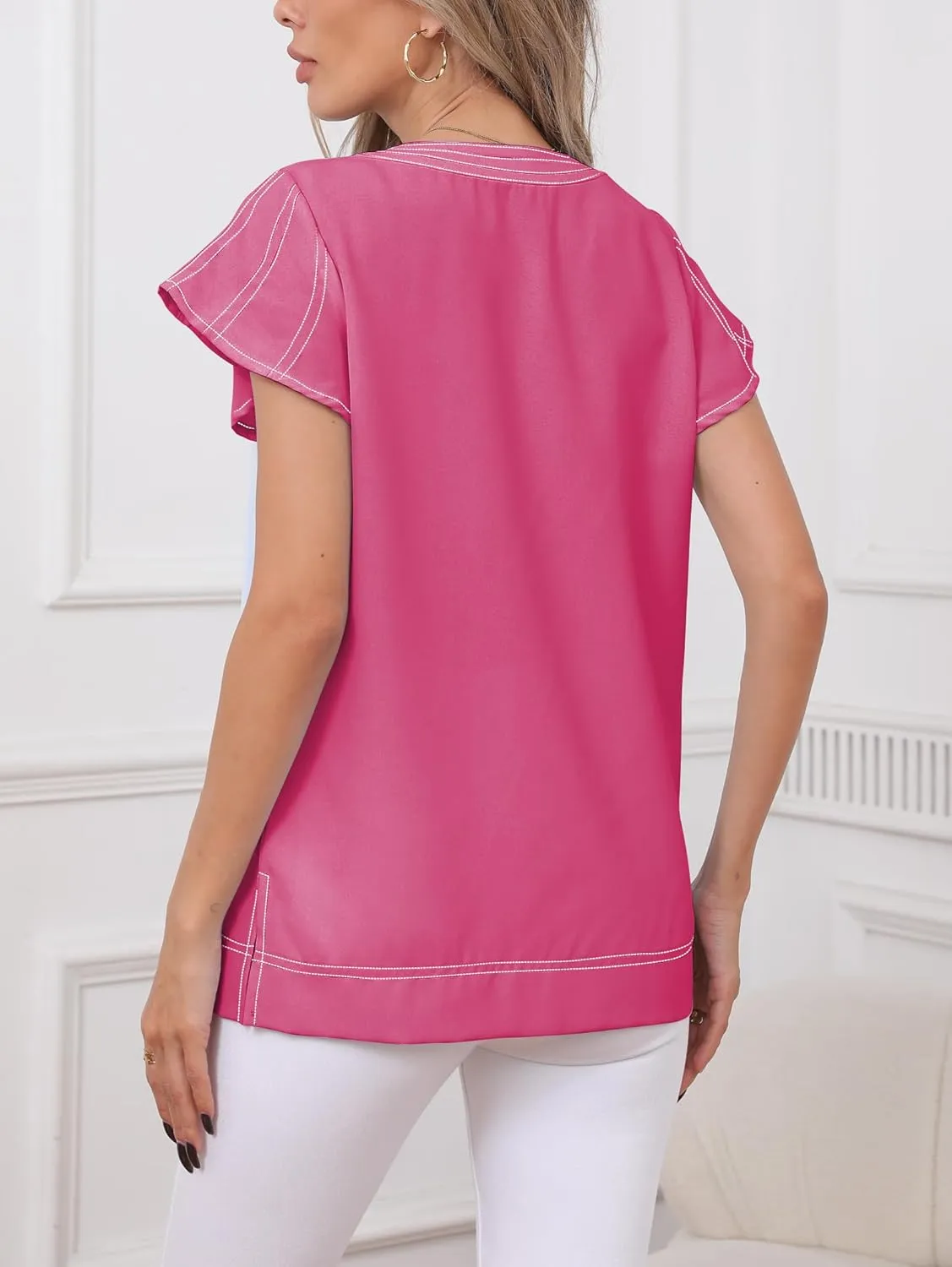 Famulily Womens Cute Flutter Cap Sleeve Notched V Neck Blouse Top Contrast Color Stitched Line Side Split Hem Tee Shirt