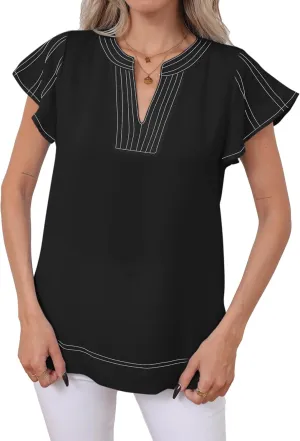 Famulily Womens Cute Flutter Cap Sleeve Notched V Neck Blouse Top Contrast Color Stitched Line Side Split Hem Tee Shirt