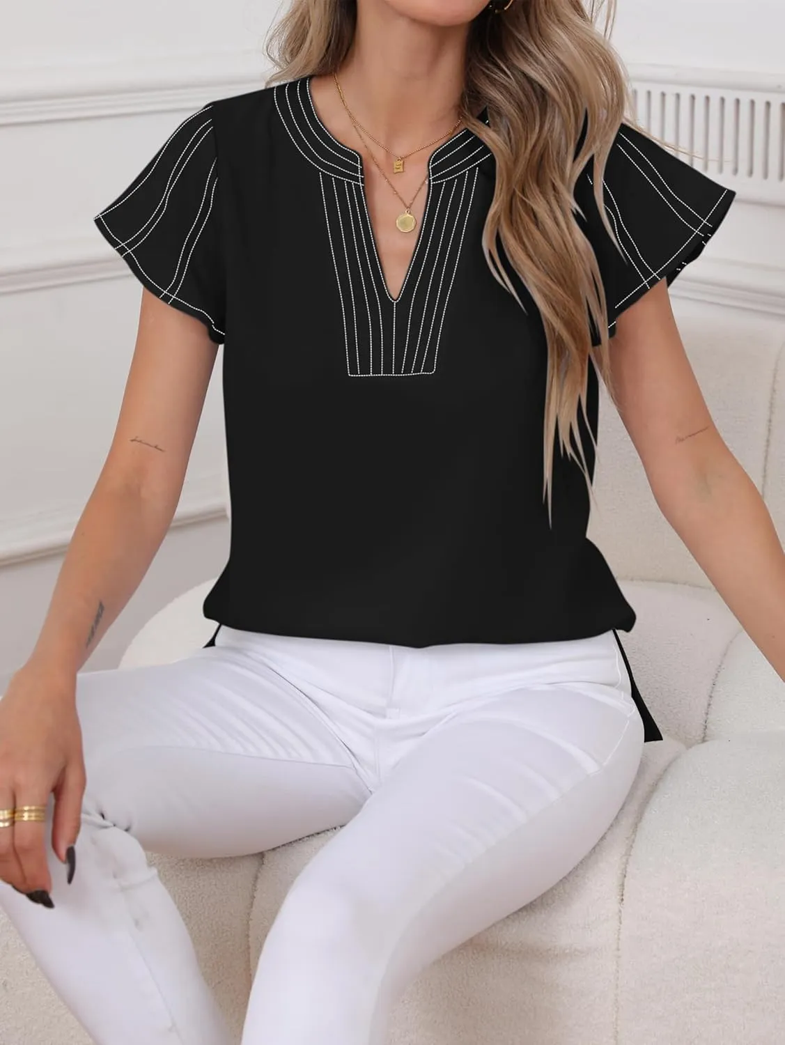 Famulily Womens Cute Flutter Cap Sleeve Notched V Neck Blouse Top Contrast Color Stitched Line Side Split Hem Tee Shirt