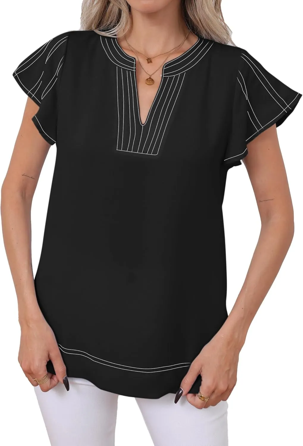Famulily Womens Cute Flutter Cap Sleeve Notched V Neck Blouse Top Contrast Color Stitched Line Side Split Hem Tee Shirt