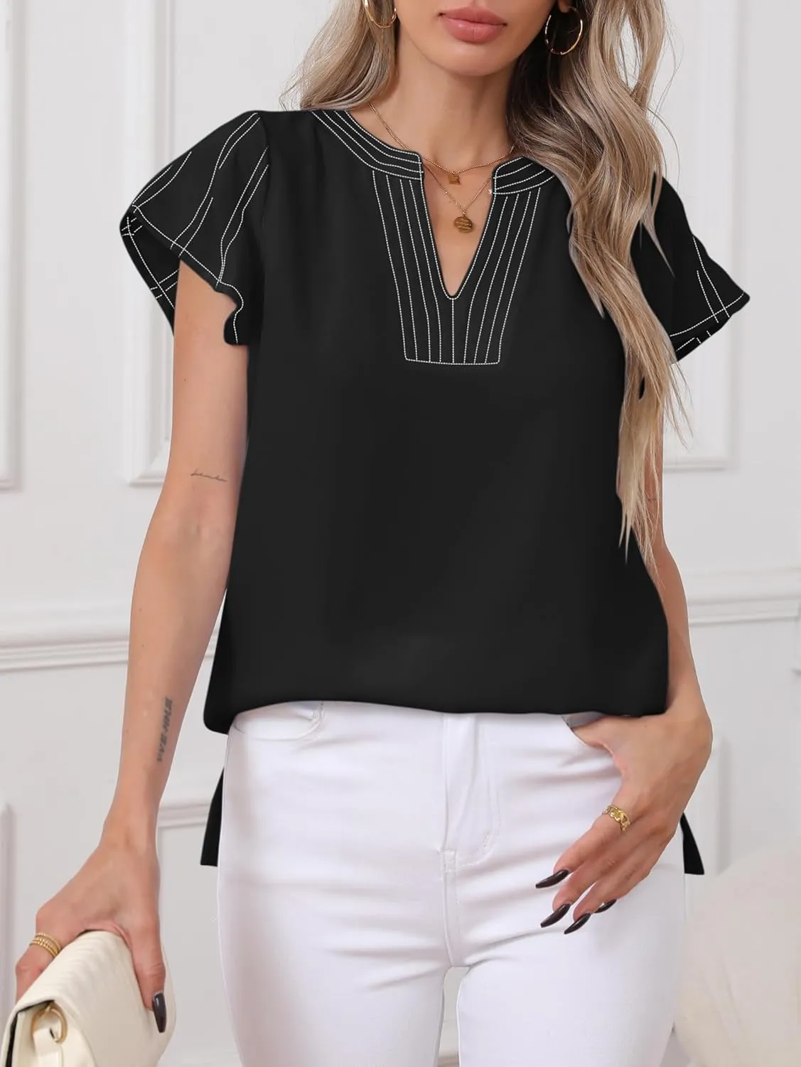 Famulily Womens Cute Flutter Cap Sleeve Notched V Neck Blouse Top Contrast Color Stitched Line Side Split Hem Tee Shirt