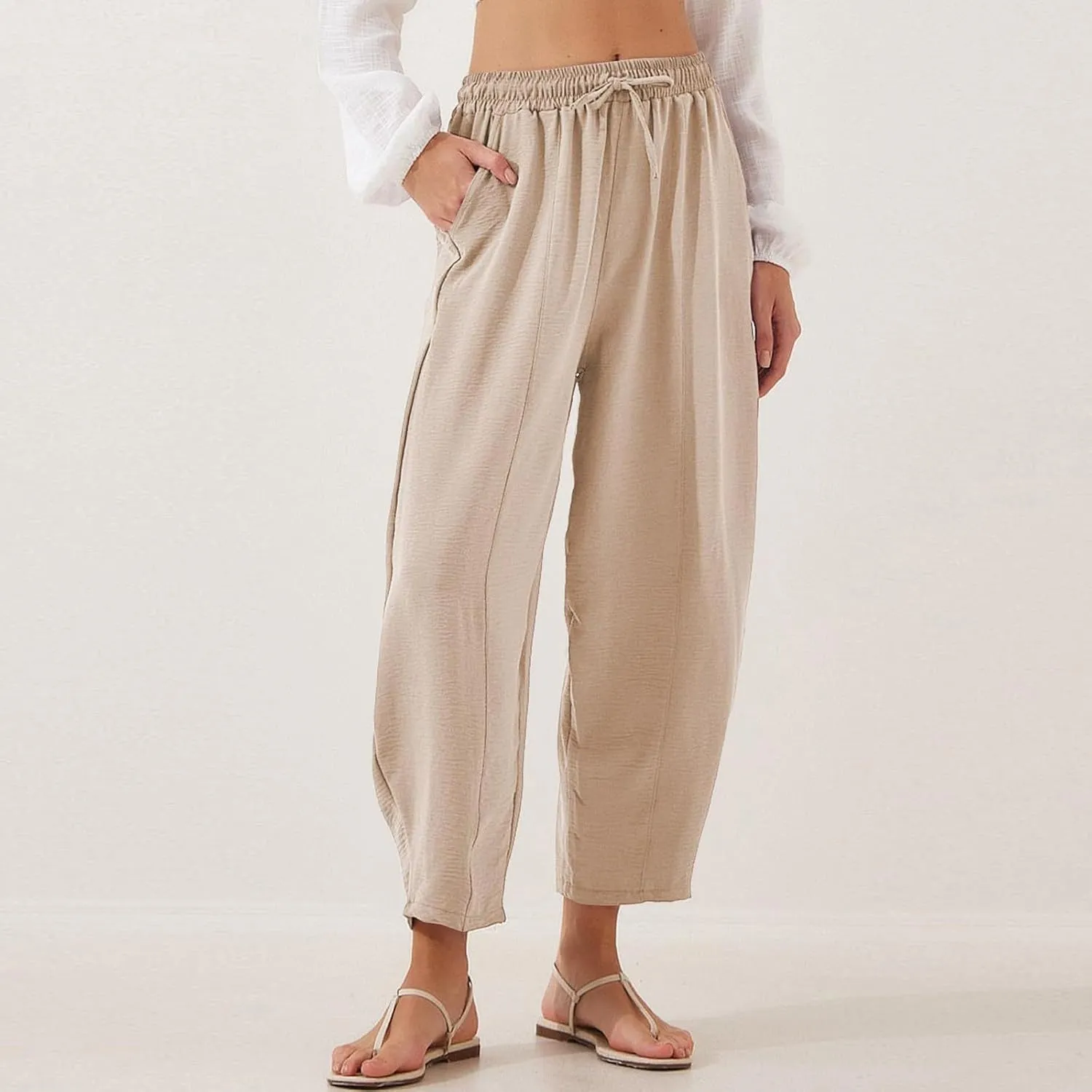 fanmpghleoo Linen Harem Pants Women with Pockets Drawstring Wide Leg Pirate Pants High Waisted Capri Joggers with Pockets