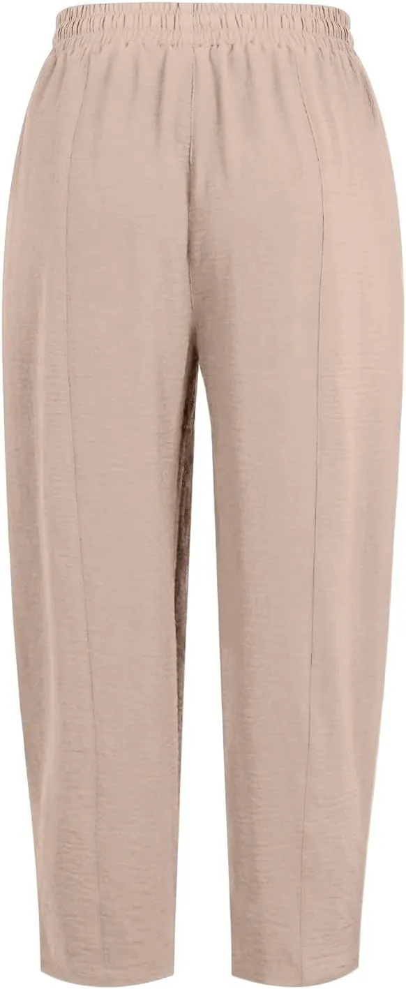 fanmpghleoo Linen Harem Pants Women with Pockets Drawstring Wide Leg Pirate Pants High Waisted Capri Joggers with Pockets