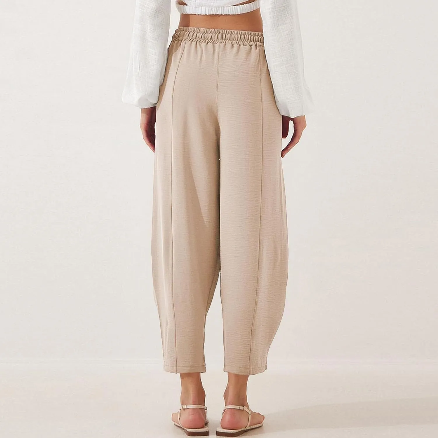 fanmpghleoo Linen Harem Pants Women with Pockets Drawstring Wide Leg Pirate Pants High Waisted Capri Joggers with Pockets