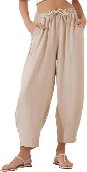 fanmpghleoo Linen Harem Pants Women with Pockets Drawstring Wide Leg Pirate Pants High Waisted Capri Joggers with Pockets