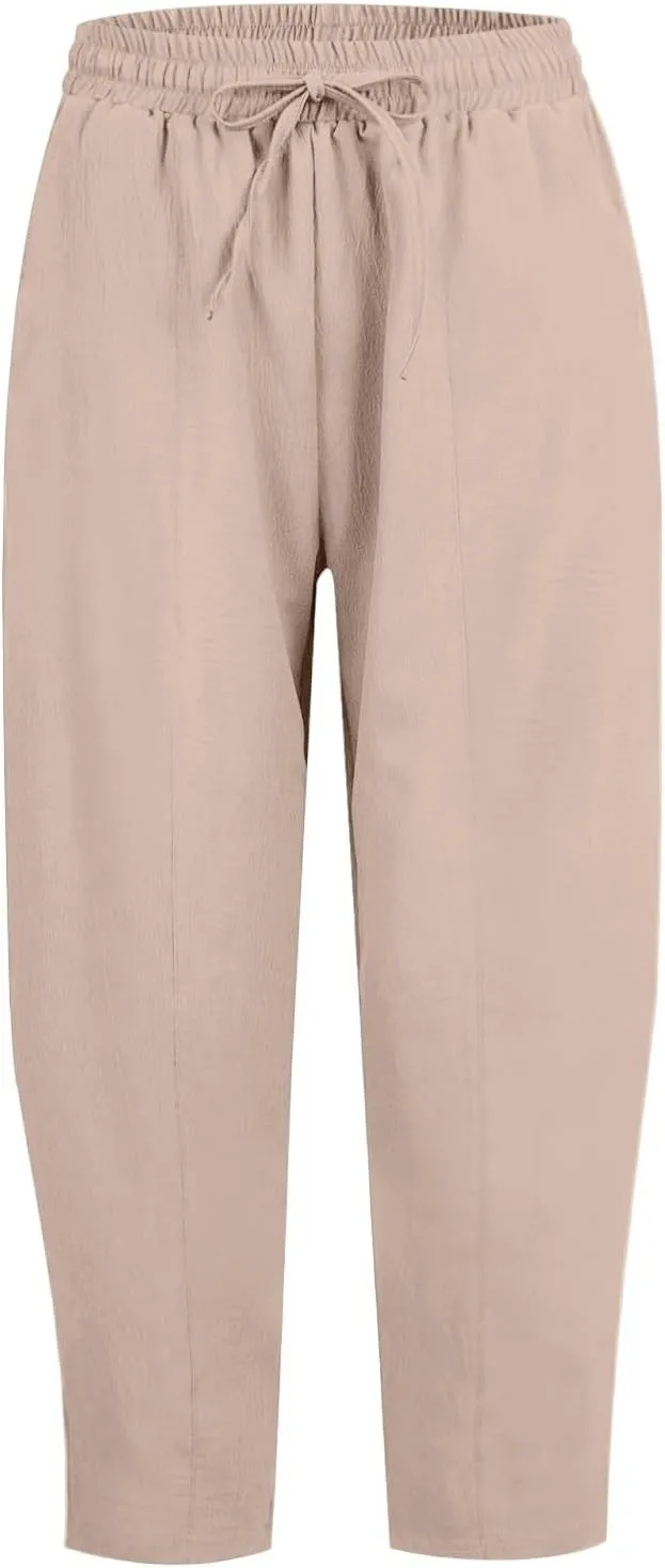 fanmpghleoo Linen Harem Pants Women with Pockets Drawstring Wide Leg Pirate Pants High Waisted Capri Joggers with Pockets