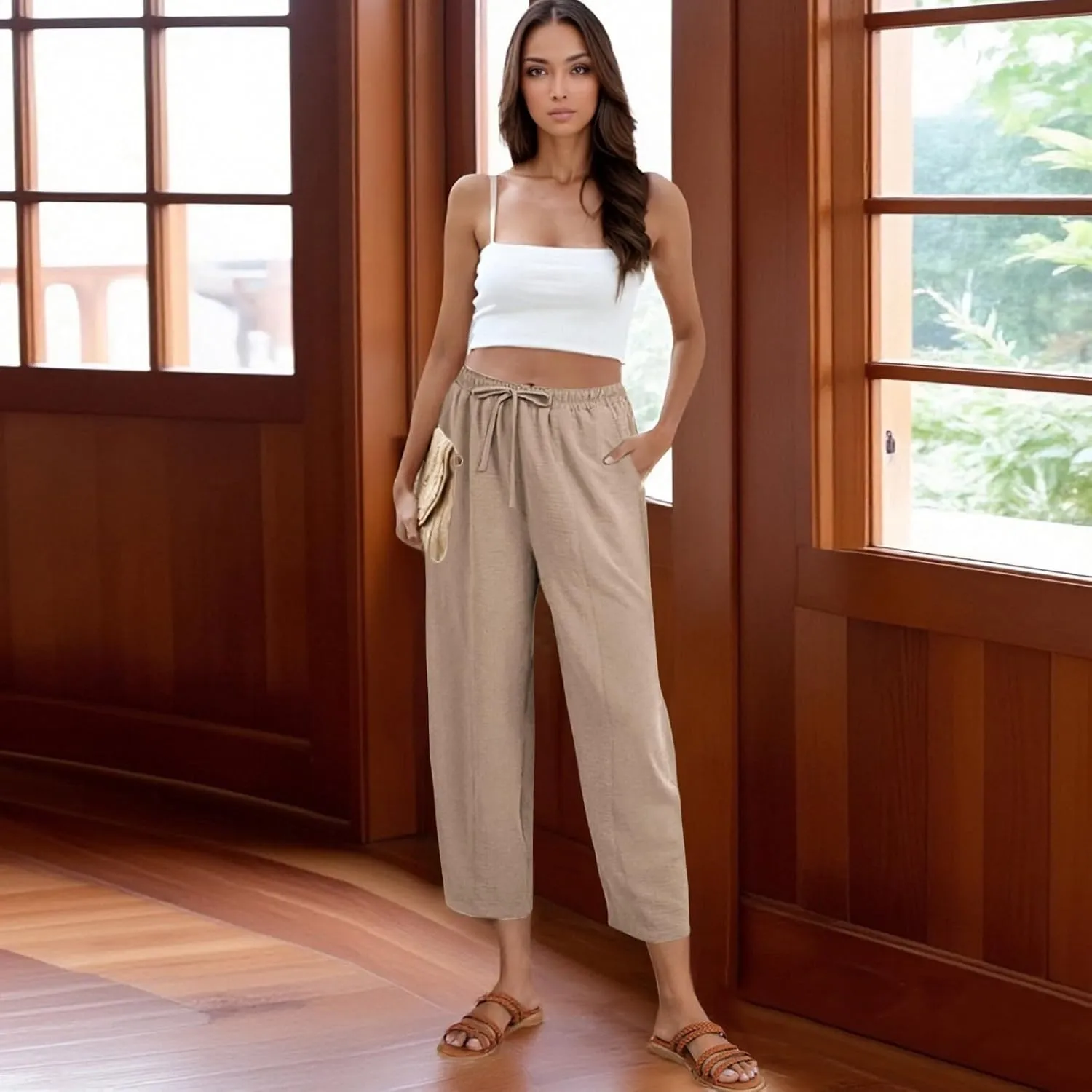 fanmpghleoo Linen Harem Pants Women with Pockets Drawstring Wide Leg Pirate Pants High Waisted Capri Joggers with Pockets