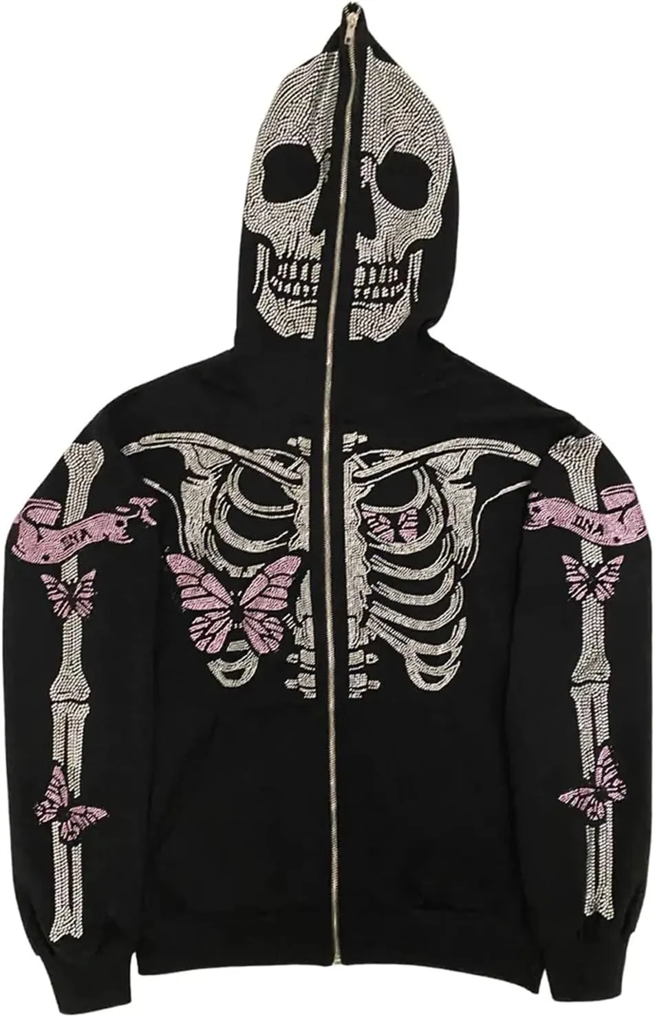 Fanvereka Men Women Over Face Rhinestone Full Zip Up Hoodie Halloween Costumes Y2k Graphic Hooded Streetwear Jacket Shirt