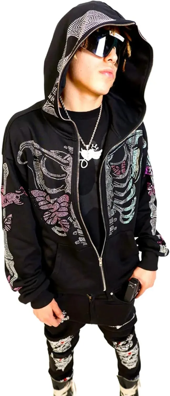 Fanvereka Men Women Over Face Rhinestone Full Zip Up Hoodie Halloween Costumes Y2k Graphic Hooded Streetwear Jacket Shirt