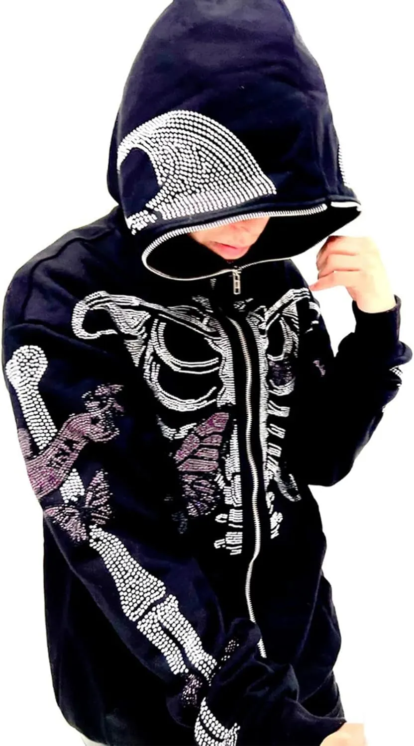 Fanvereka Men Women Over Face Rhinestone Full Zip Up Hoodie Halloween Costumes Y2k Graphic Hooded Streetwear Jacket Shirt