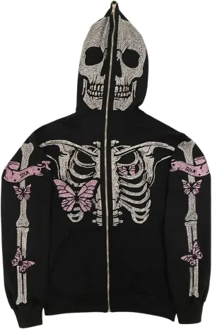 Fanvereka Men Women Over Face Rhinestone Full Zip Up Hoodie Halloween Costumes Y2k Graphic Hooded Streetwear Jacket Shirt