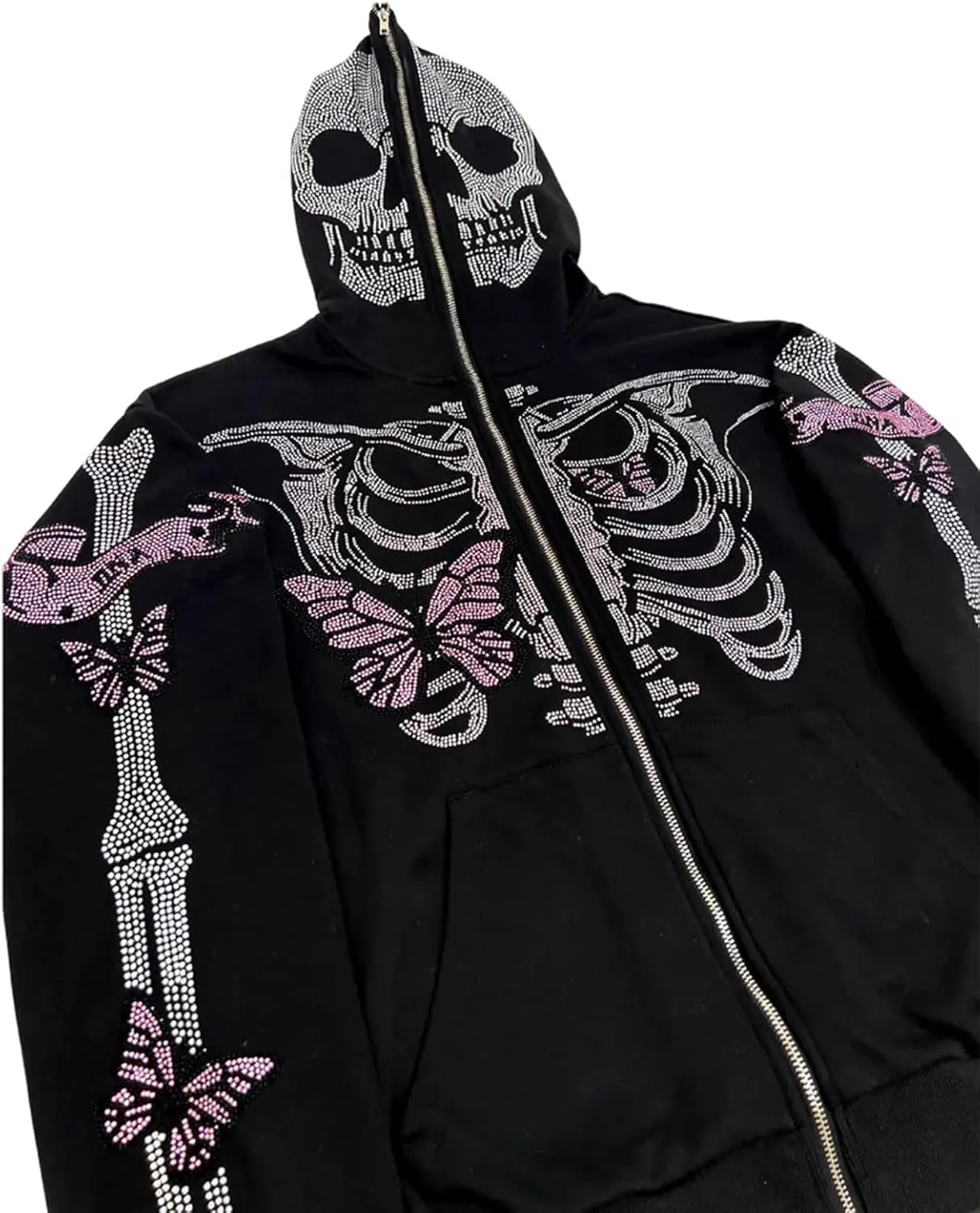 Fanvereka Men Women Over Face Rhinestone Full Zip Up Hoodie Halloween Costumes Y2k Graphic Hooded Streetwear Jacket Shirt