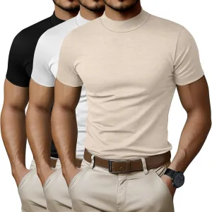 Ficerd 3 Pack Men's Mock Neck T Shirts, Cotton Short Sleeve Turtleneck Tee Shirts Slim Fit Basic Casual Solid Undershirt Tops