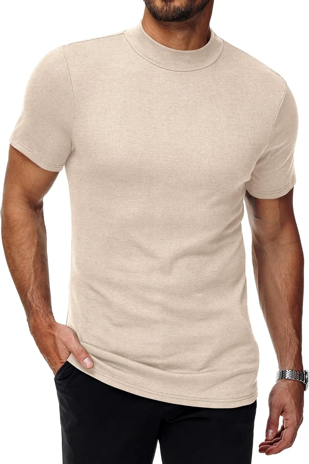 Ficerd 3 Pack Men's Mock Neck T Shirts, Cotton Short Sleeve Turtleneck Tee Shirts Slim Fit Basic Casual Solid Undershirt Tops