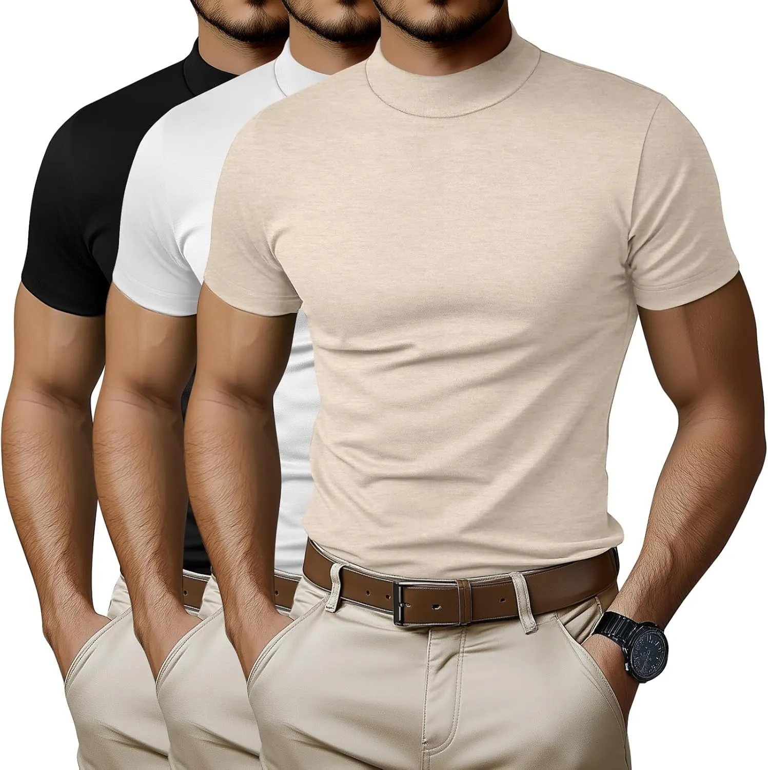Ficerd 3 Pack Men's Mock Neck T Shirts, Cotton Short Sleeve Turtleneck Tee Shirts Slim Fit Basic Casual Solid Undershirt Tops