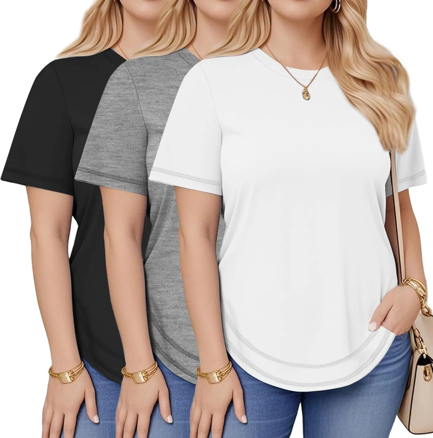 Ficerd 3 Pack Women's Plus Size T Shirts, Short Sleeve Crew Neck Shirts Curved Hem Casual Trendy Tops Loose Fit Summer Tee