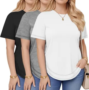 Ficerd 3 Pack Women's Plus Size T Shirts, Short Sleeve Crew Neck Shirts Curved Hem Casual Trendy Tops Loose Fit Summer Tee