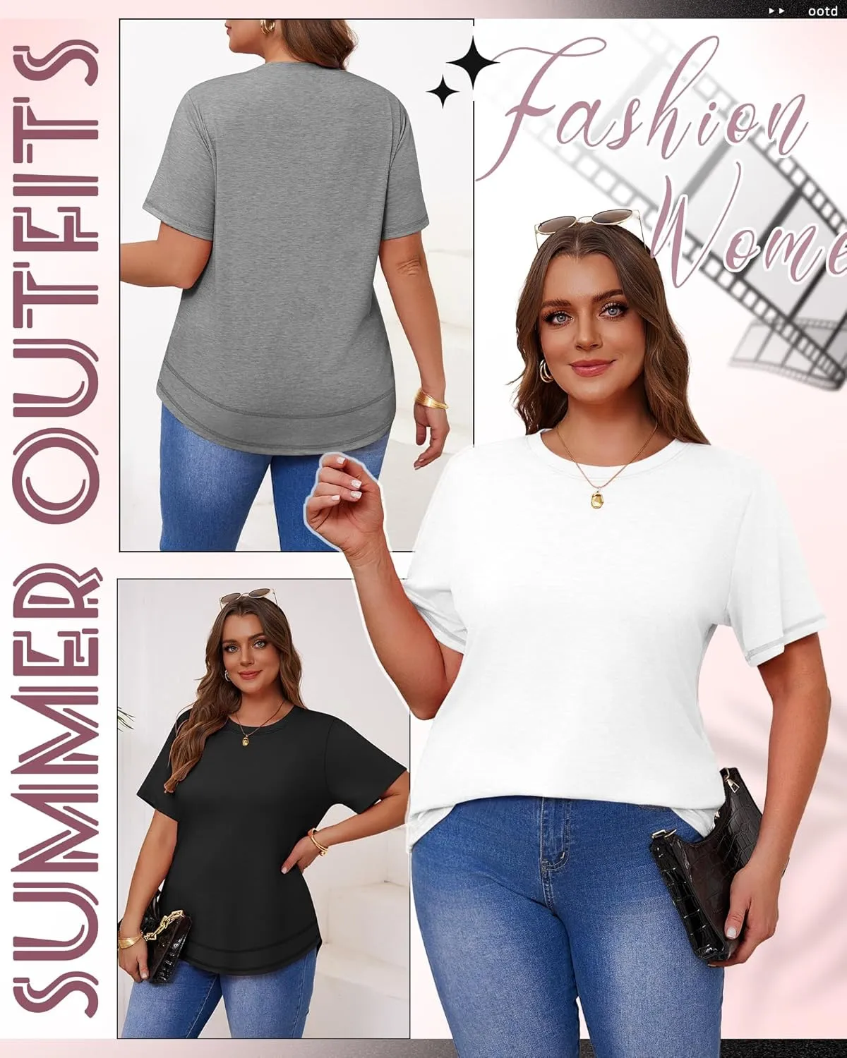 Ficerd 3 Pack Women's Plus Size T Shirts, Short Sleeve Crew Neck Shirts Curved Hem Casual Trendy Tops Loose Fit Summer Tee