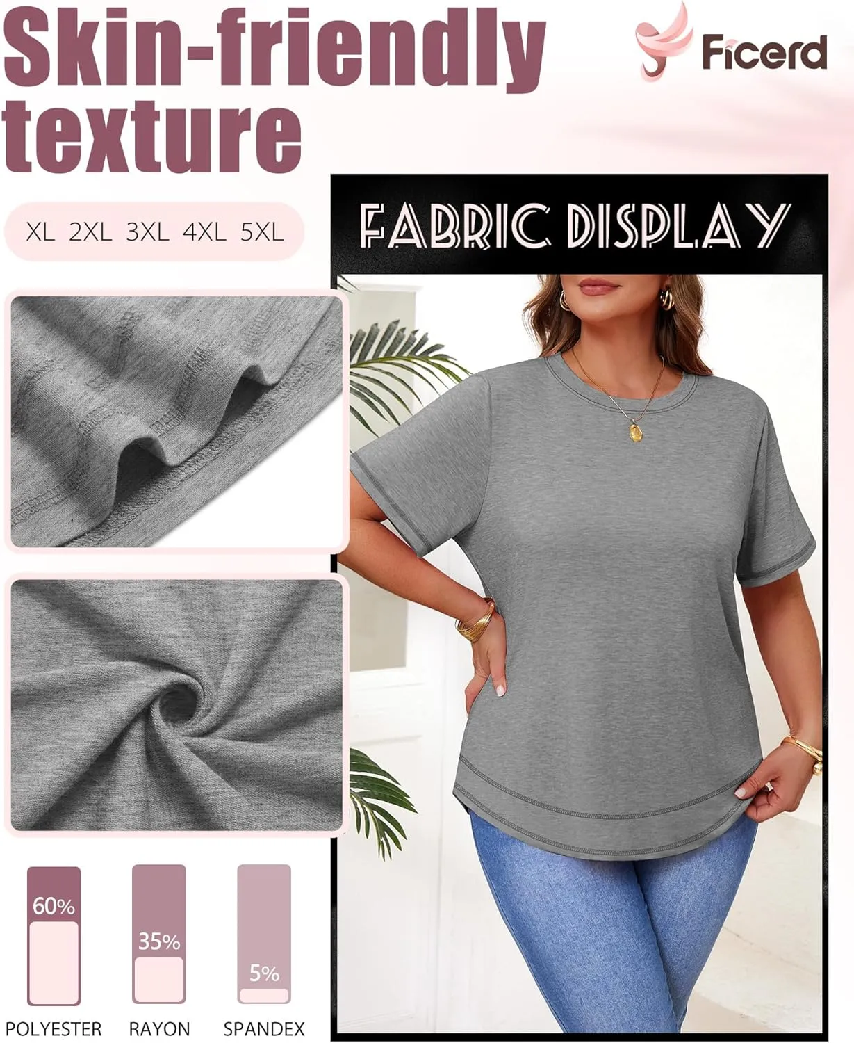 Ficerd 3 Pack Women's Plus Size T Shirts, Short Sleeve Crew Neck Shirts Curved Hem Casual Trendy Tops Loose Fit Summer Tee