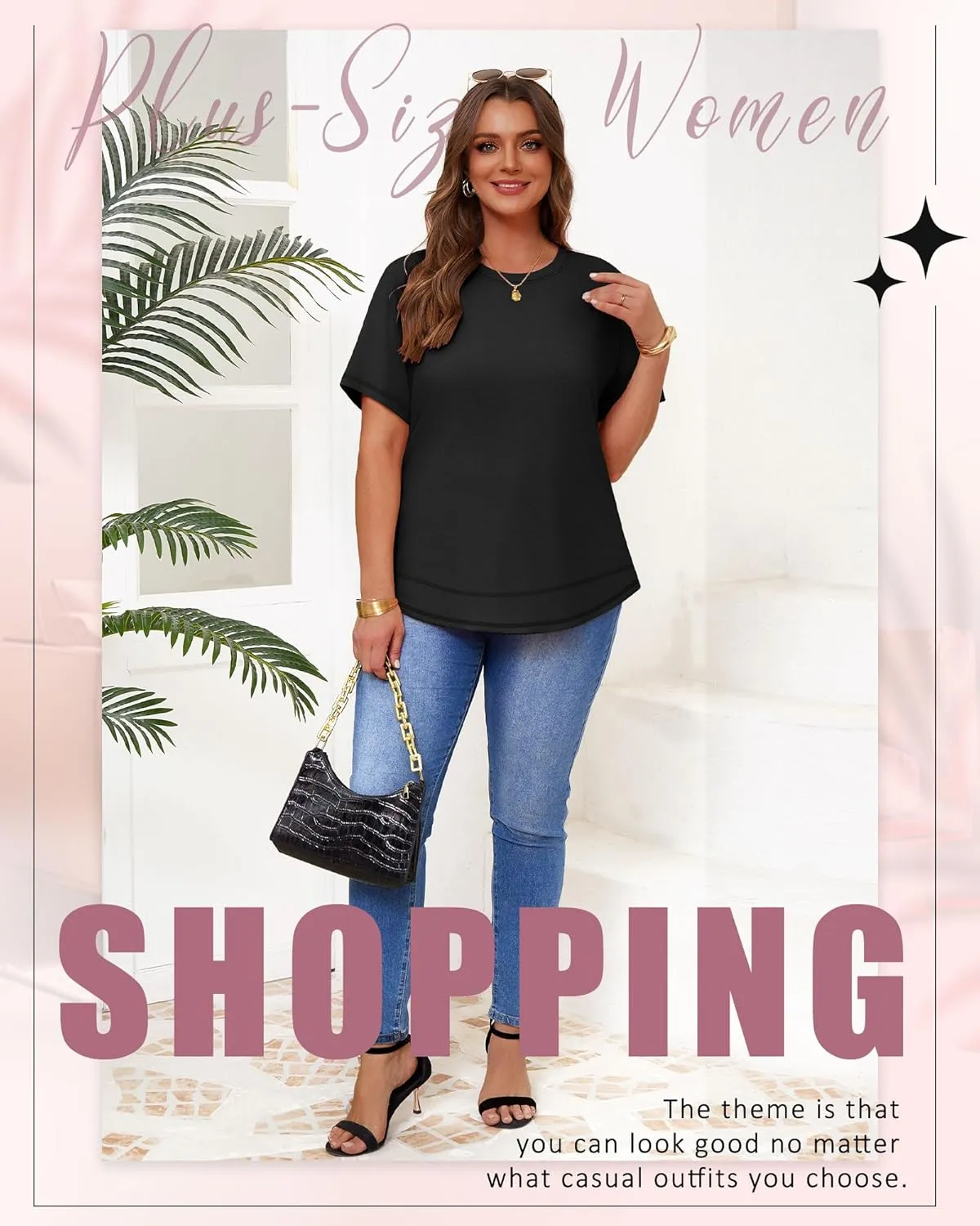 Ficerd 3 Pack Women's Plus Size T Shirts, Short Sleeve Crew Neck Shirts Curved Hem Casual Trendy Tops Loose Fit Summer Tee