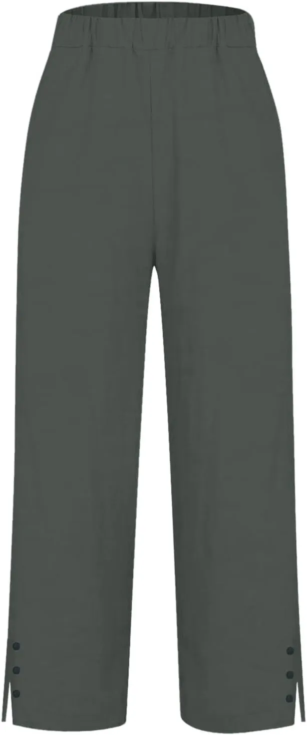 Fleece Lined Leggings Women Elastic Pants Long Drawstring Linen Women Waist Cotton Casual Trousers with Side Pockets